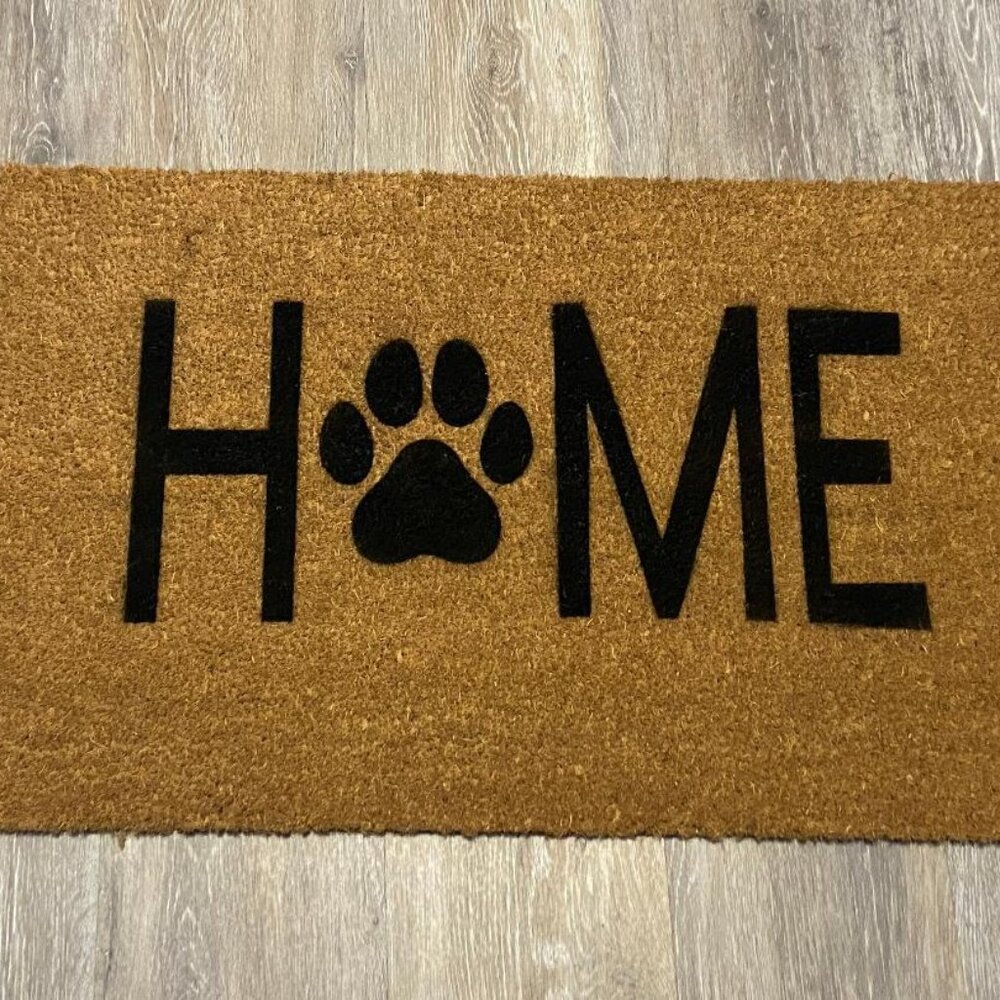 HOME with black dog paw decorative coir doormat